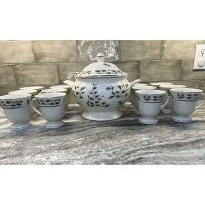 Vintage Royal Limited Holly Holiday Soup TUREEN w/Lid & Ladle AND 12 Cups Berry